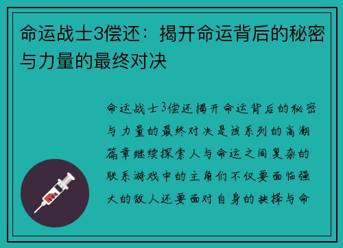 命运战士3偿还：揭开命运背后的秘密与力量的最终对决